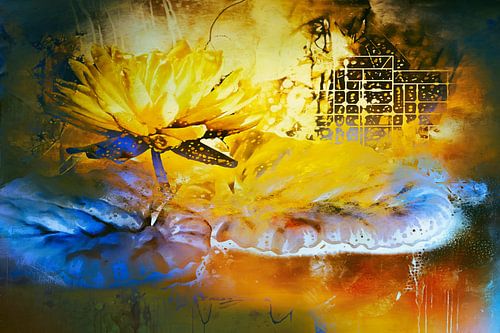 Een waterlelie met regendruppels, abstract en surrealistisch