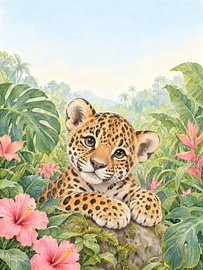 Un petit jaguar dans la jungle – Feuilles et fleurs