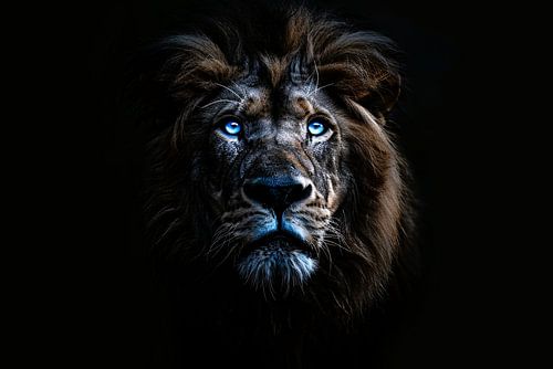Indrukwekkende leeuw met hypnotiserende blauwe ogen