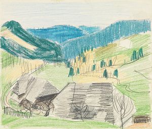 August Babberger - Höll; Sommerlandschaft mit zwei Schwarzwaldhäusern vorn