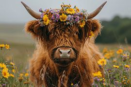Flower crown highland cattle - Idyllic nature photography for the home by Poster Art Shop