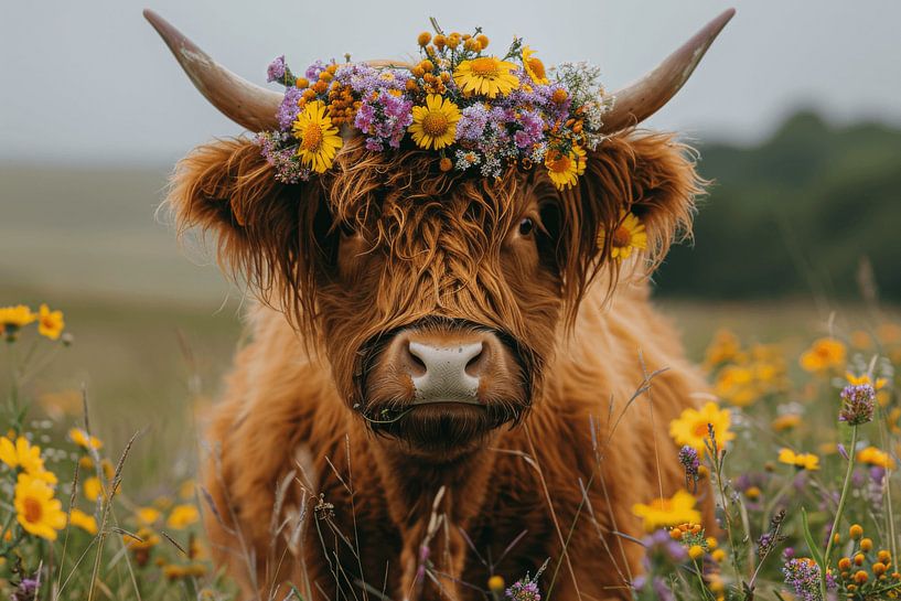 Flower crown highland cattle - Idyllic nature photography for the home by Poster Art Shop