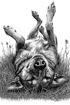 Happy Dog Rolling in Grass Noir & Blanc Vintage Line Art