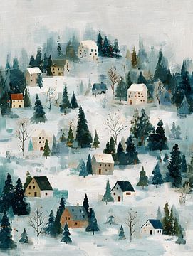 Verschneite Landschaft mit Winterdorf von Gypsy Galleria