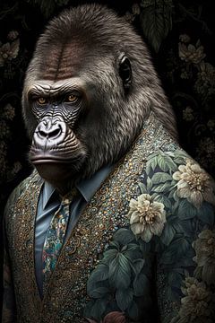 Gorilla gekleed in klassiek kostuum van Vlindertuin Art