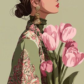 Porträt einer Frau mit rosa Blumen von IamHome Studio