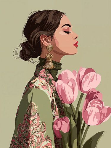 Woman with pink flowers portrait