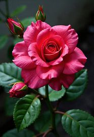Pink Rose with Three Buds and Foliage by Markus Gann