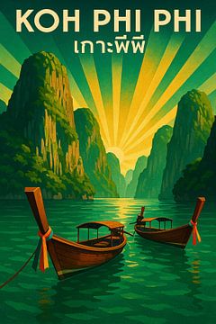 Koh Phi Phi Smaragd Sonnenaufgang - Longtail Boote & Kalksteinfelsen Kunstdruck von Travel Shop