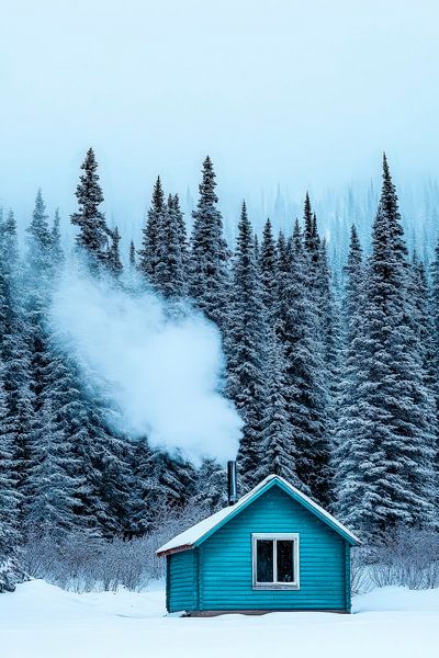 Blue house in the winter forest with smoke by Poster Art Shop