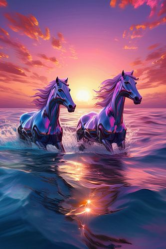 surrealistische paarden in het water bij zonsondergang