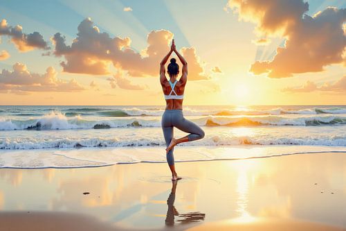 Jonge vrouw beoefent yoga boom houding op het strand bij zonsondergang