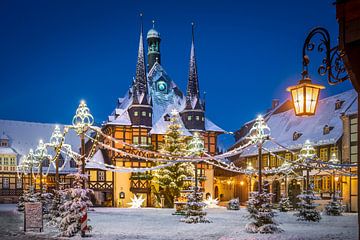 Winternacht in Wernigerode, Duitsland van Michael Abid