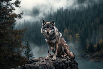 Wolf op een rotsblok in Canada van Digitale Schilderijen