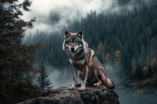 Wolf op een rotsblok in Canada