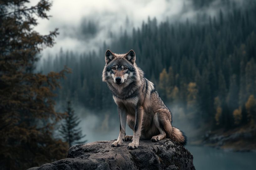Wolf on a boulder in Canada by Digitale Schilderijen