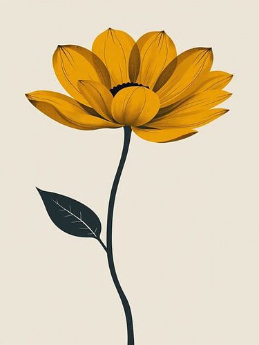 A Minimalist Mid-Century Modern Botanical Illustration in Ochre and Charcoal