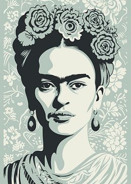 Het Iconische Gezicht, "Frida's Kracht" in groen/blauw en zwart van Color Square
