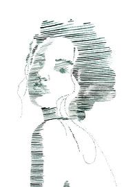 Faded love (watercolor painting portrait woman line drawing line art green stripes lines beautiful)