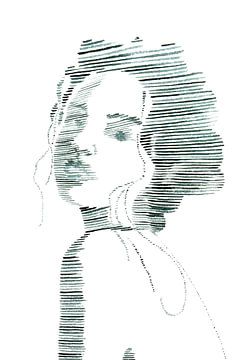 Vervaagde liefde (aquarel schilderij portret vrouw lijntekening line art groen strepen lijnen mooi) van Natalie Bruns