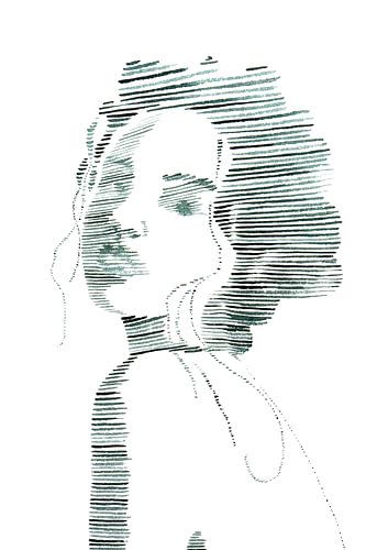 Faded love (watercolor painting portrait woman line drawing line art green stripes lines beautiful)