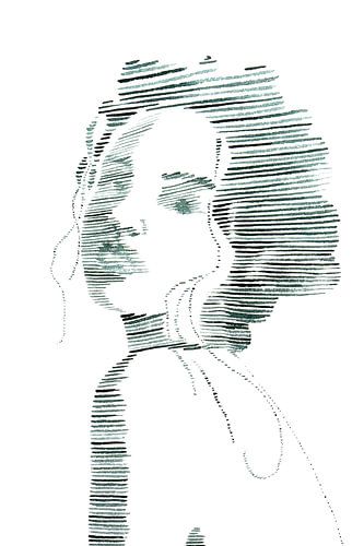 Vervaagde liefde (aquarel schilderij portret vrouw lijntekening line art groen strepen lijnen mooi)