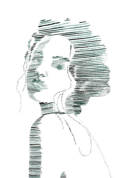 Vervaagde liefde (aquarel schilderij portret vrouw lijntekening line art groen strepen lijnen mooi) van Natalie Bruns