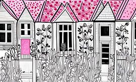 Haus Illustration in schwarz und weiß und rosa von Lily van Riemsdijk - Art Prints with Color