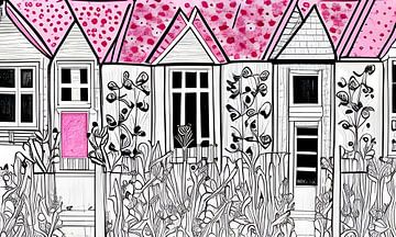 Huis illustratie in zwart wit en pink van Lily van Riemsdijk - Art Prints with Color