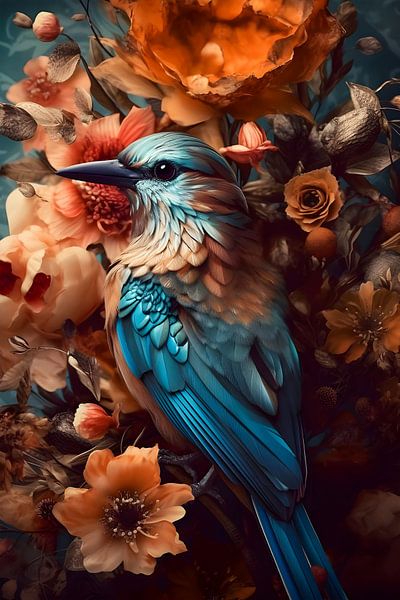 Bird among colourful flowers by But First Framing