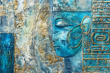 Abstract schilderij in turquoise en goud “Contemporary Blue and Gold Serenity “ van Joriali Abstract