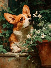 Corgi in de tuin tussen witte bloemen van Erika Kaisersot