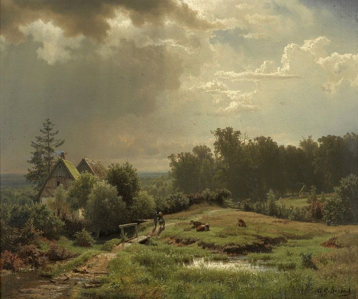 Hügelige Landschaft mit bewölktem Himmel, Andreas Achenbach von Meisterhafte Meister