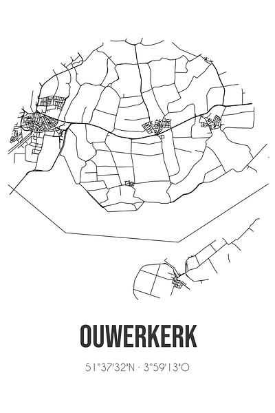 Ouwerkerk (Zeeland) | Map | Black and white by Prints of Place