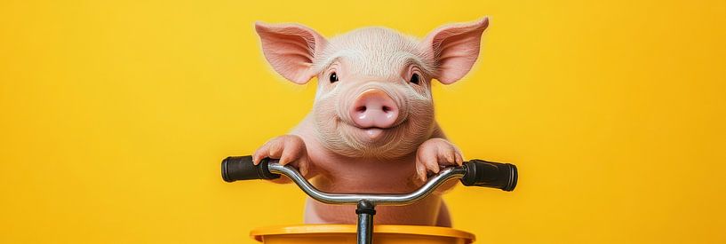 Piglet on a yellow children's bike with yellow background by Digitale Schilderijen