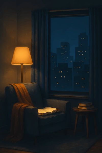Gezellige Leeshoek met Uitzicht op de Nachtelijke Stad van Avinigav
