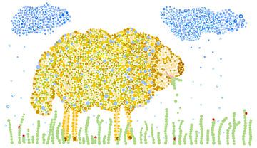 Digital art kunstwerk EEN SCHAAP, LIEVEHEERSBEESTJES, GRASSPRIETEN EN EEN REGENBUI. Een kleurrijk werk in de stijl pointillisme van Studio Spanjersberg