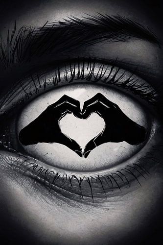 Mains en forme d'oeil et de coeur en noir et blanc sur De Muurdecoratie