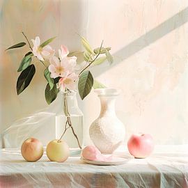 Still life painting with fruit, blossom branch and vase