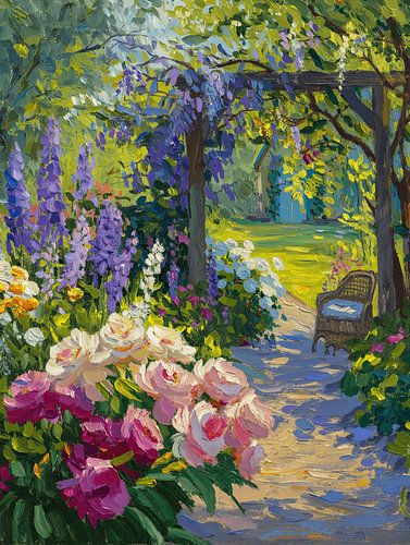 Impasto-olieverfschilderij van een zonovergoten Engelse tuin met bloeiende rozen