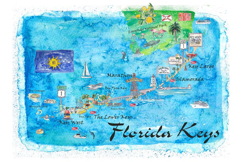 Florida Keys Key West Marathon Key Largo Illustriertes Reiseplakat Favoritenkarte Touristische Highl von Markus Bleichner