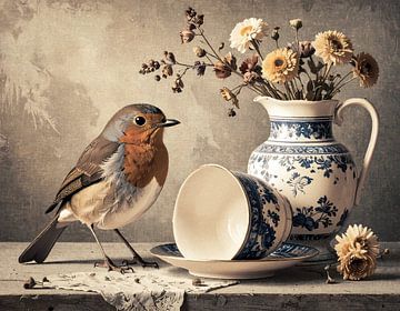 Robins at delphinium blue cup by Emiel de Lange