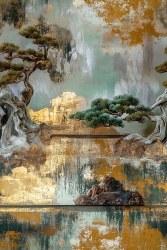 Bonsai bomen in een betoverend surrealistisch abstract landschap