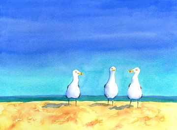 Drie meeuwen babbelend op het strand Aquarel Schilderij van Karen Kaspar