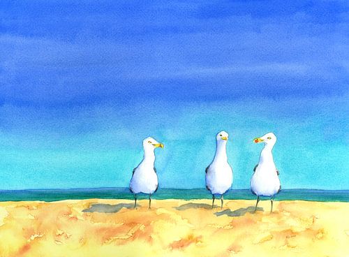 Trois mouettes bavardant sur la plage Peinture à l'aquarelle