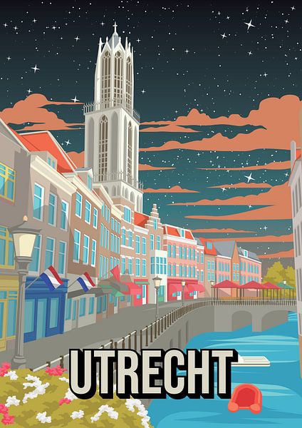 Utrecht Nacht Stadsgezicht Reisposter - Vintage Reclamestijl van Jorn van Hezik