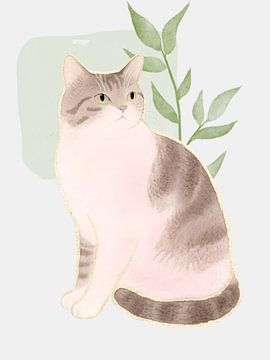 Ethereal Tabby Cat: zachte waterverf en gouden botanische lijnen van Keny Studio