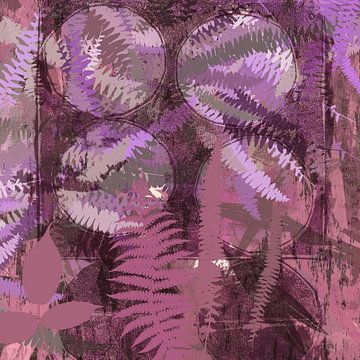 Moderne abstracte botanische kunst. Varensbladeren in donkerroze en bruin van Dina Dankers