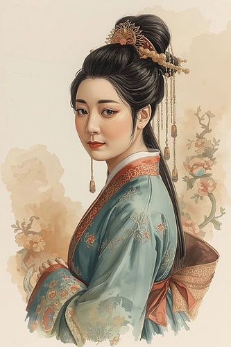 Original tibetische Frau in traditioneller Kleidung und Schmuck aus dem 18. von Brian Morgan