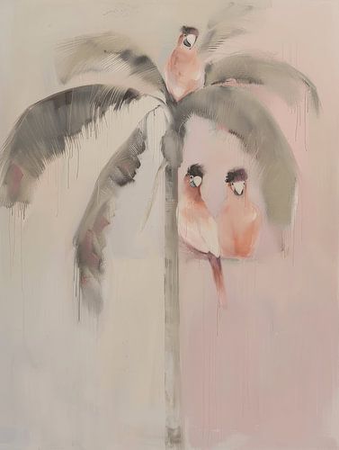 Oiseaux tropicaux dans un palmier, couleurs pastel